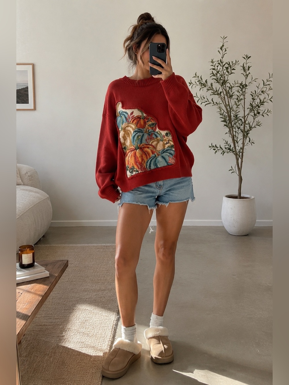 Reworked Cotton Knit Sweater with Pumpkin Patchwork